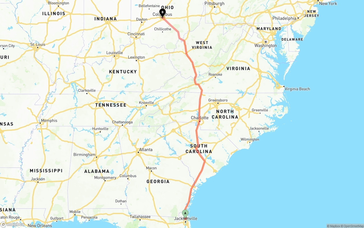 Shipping route from Jacksonville International Airport to Columbus