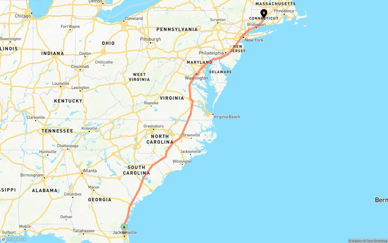 Shipping route from Jacksonville International Airport to Connecticut
