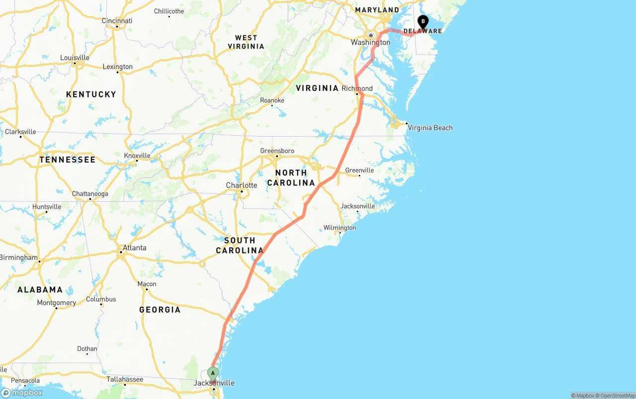 Shipping route from Jacksonville International Airport to Delaware