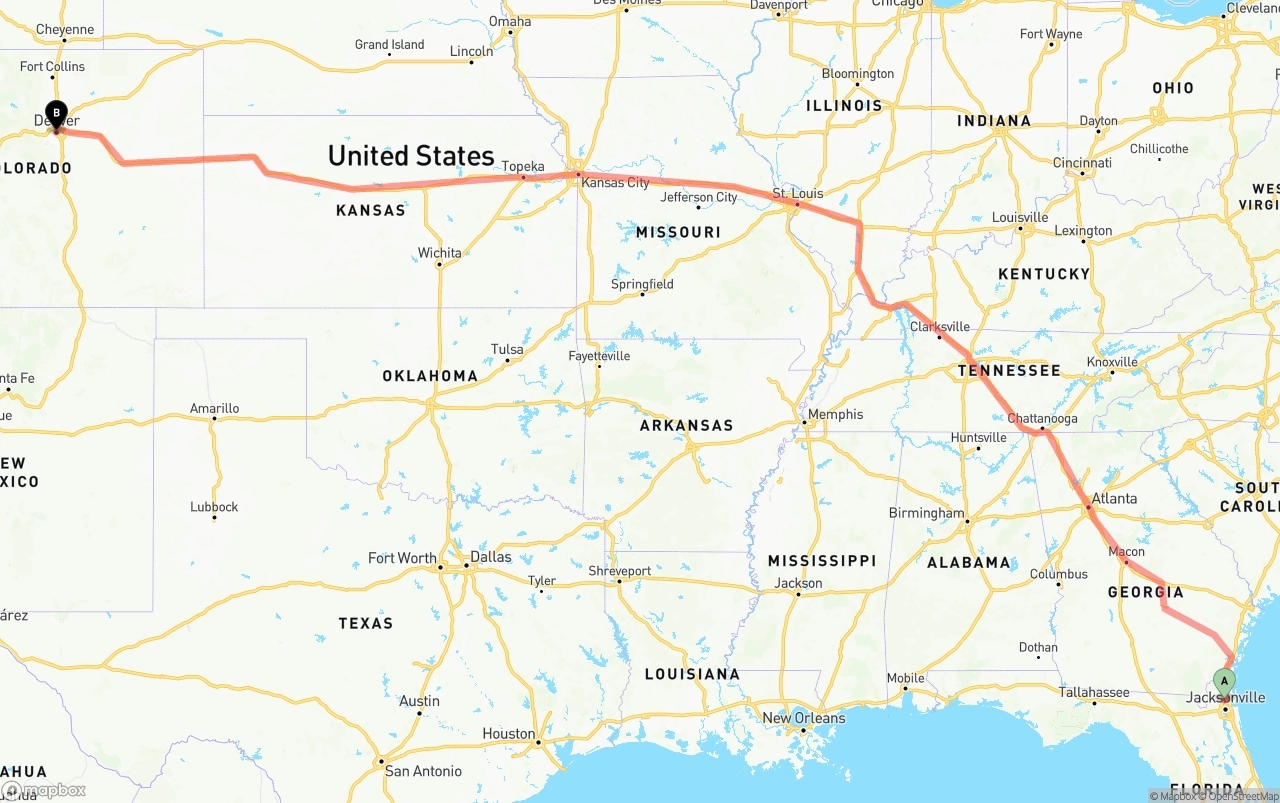 Shipping route from Jacksonville International Airport to Denver