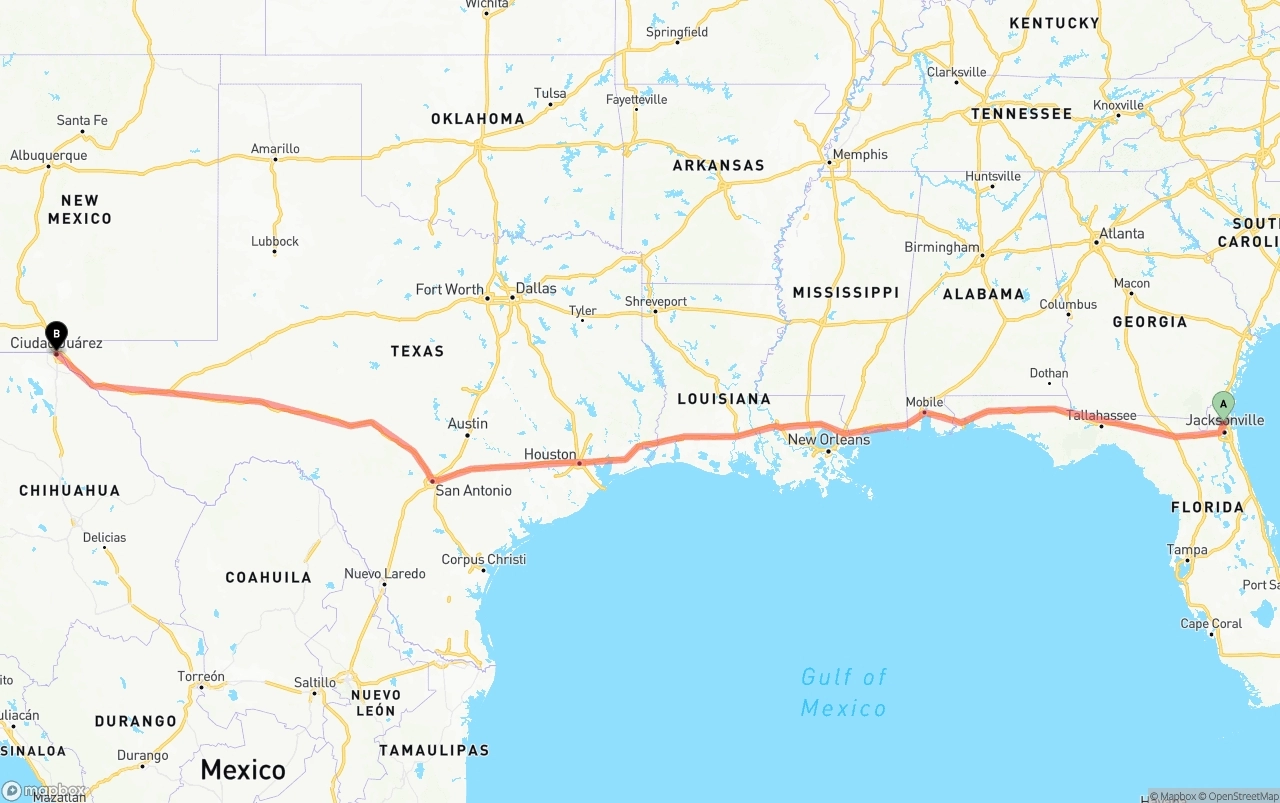 Shipping route from Jacksonville International Airport to El Paso