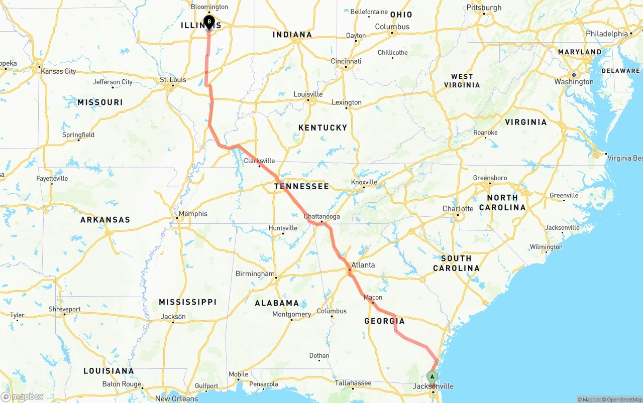 Shipping route from Jacksonville International Airport to Illinois
