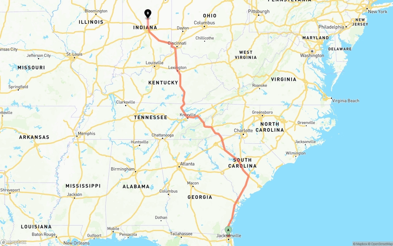 Shipping route from Jacksonville International Airport to Indiana