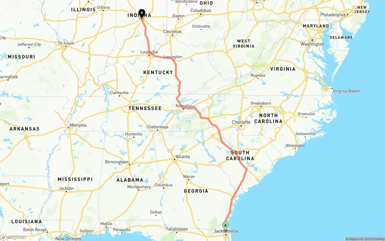Shipping route from Jacksonville International Airport to Indianapolis