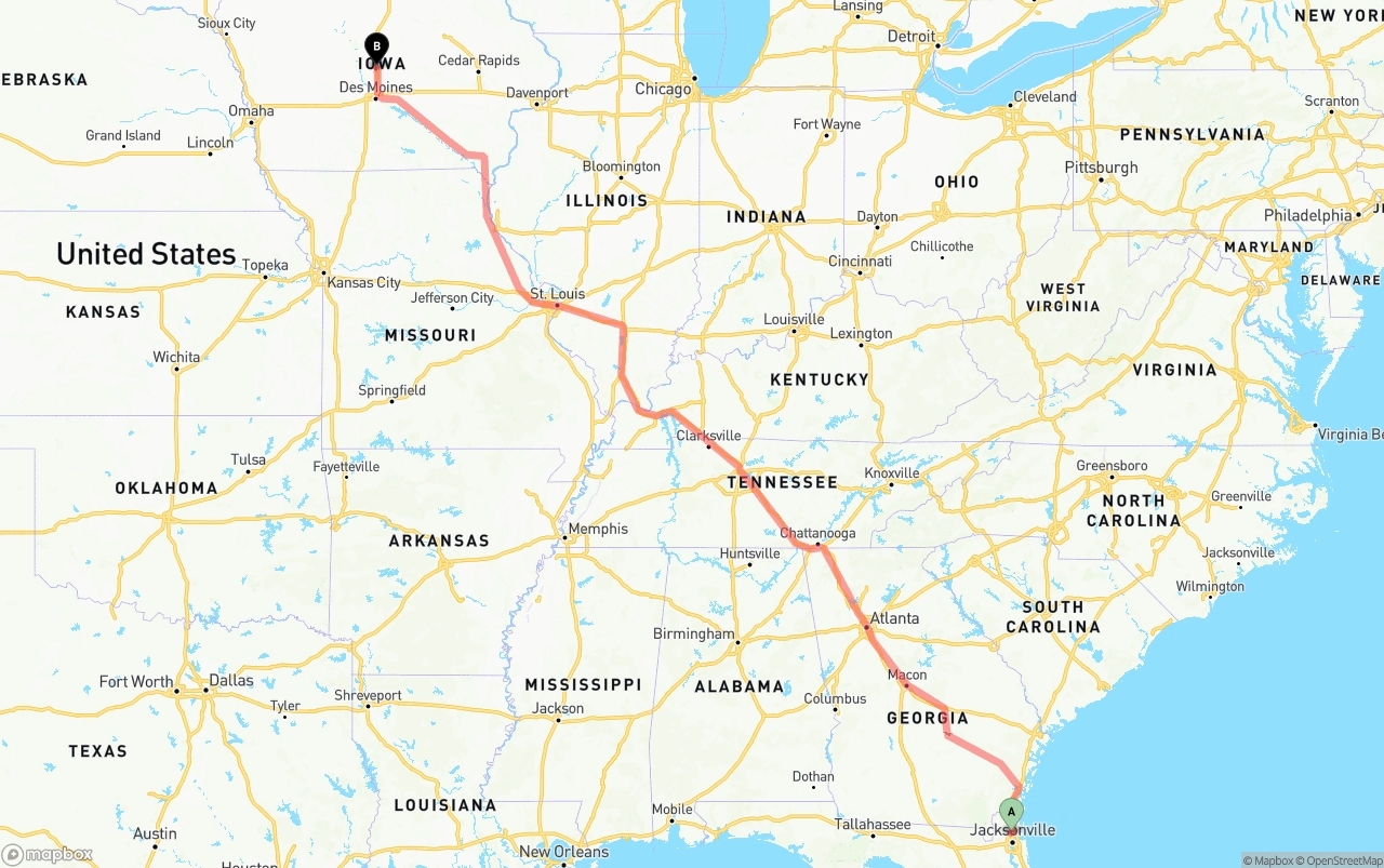 Shipping route from Jacksonville International Airport to Iowa