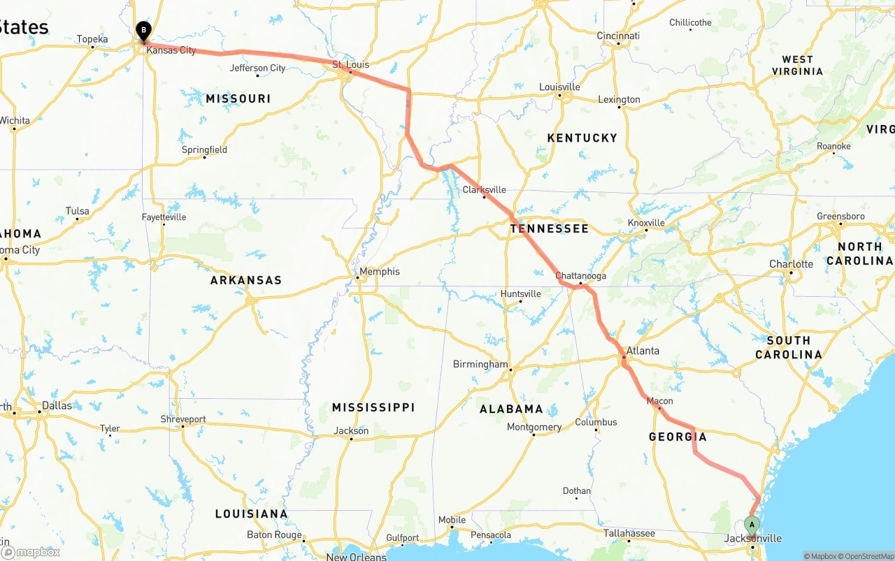 Shipping route from Jacksonville International Airport to Kansas City