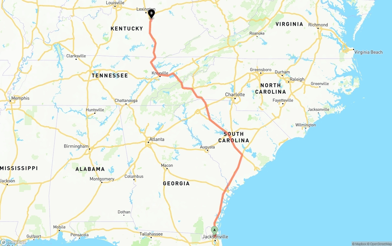 Shipping route from Jacksonville International Airport to Kentucky