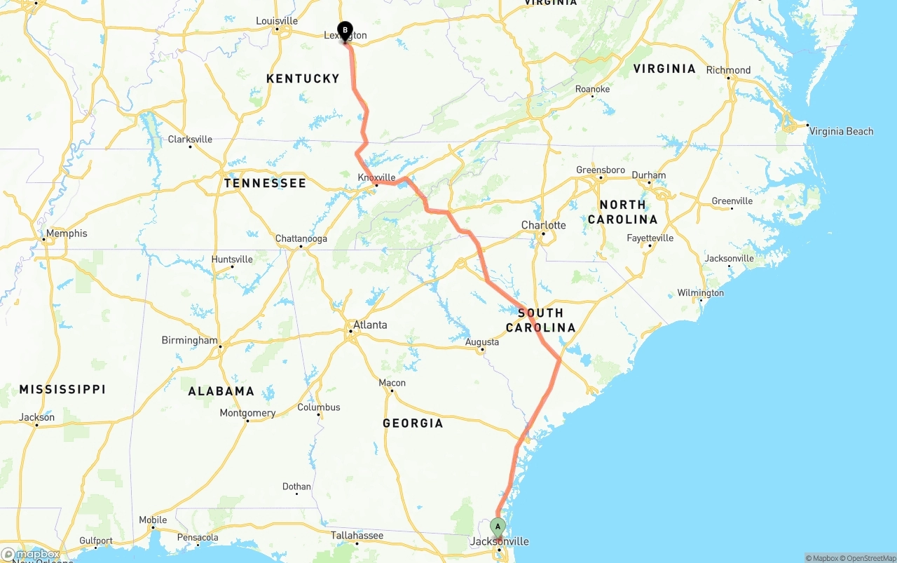 Shipping route from Jacksonville International Airport to Lexington