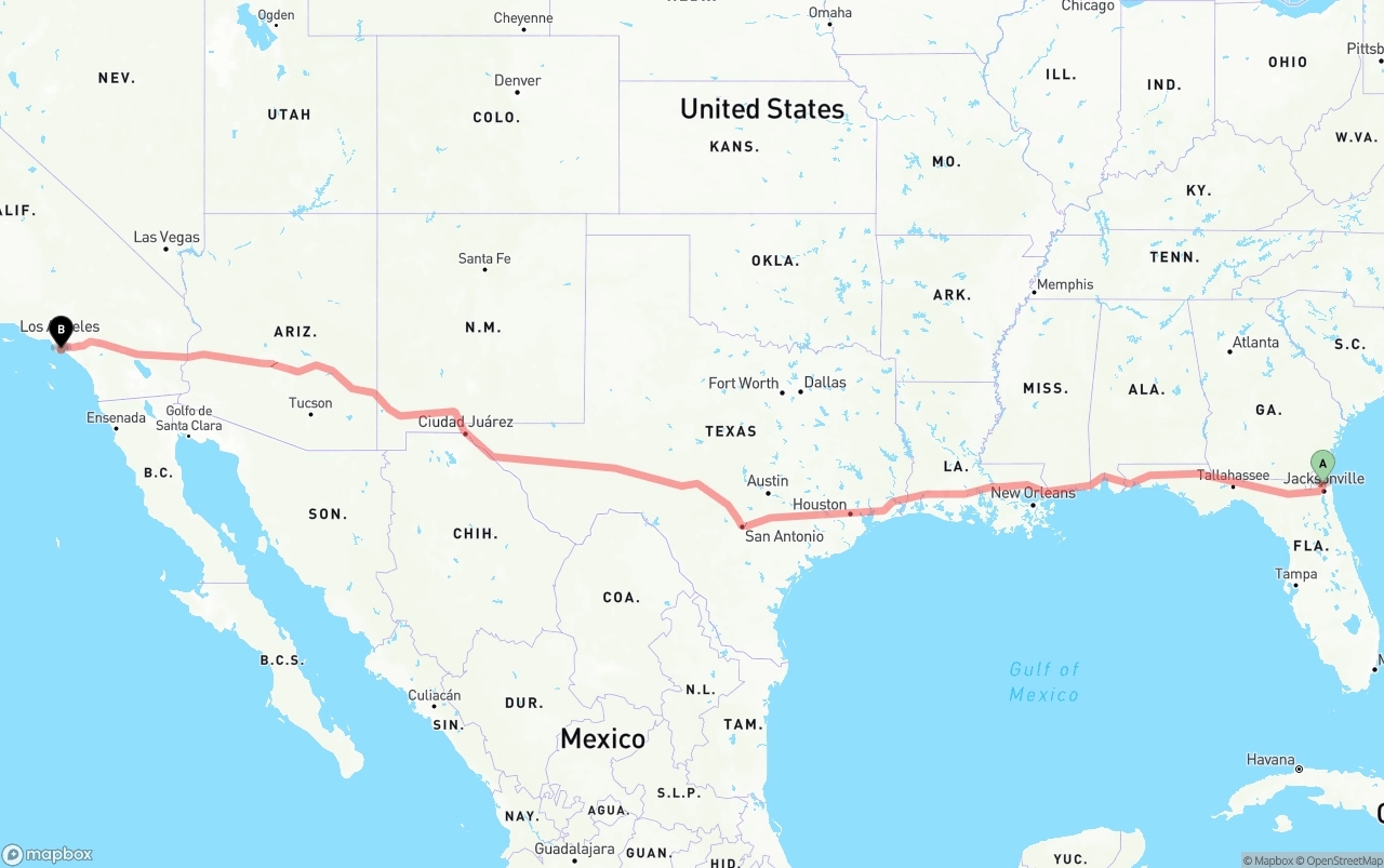 Shipping route from Jacksonville International Airport to Long Beach
