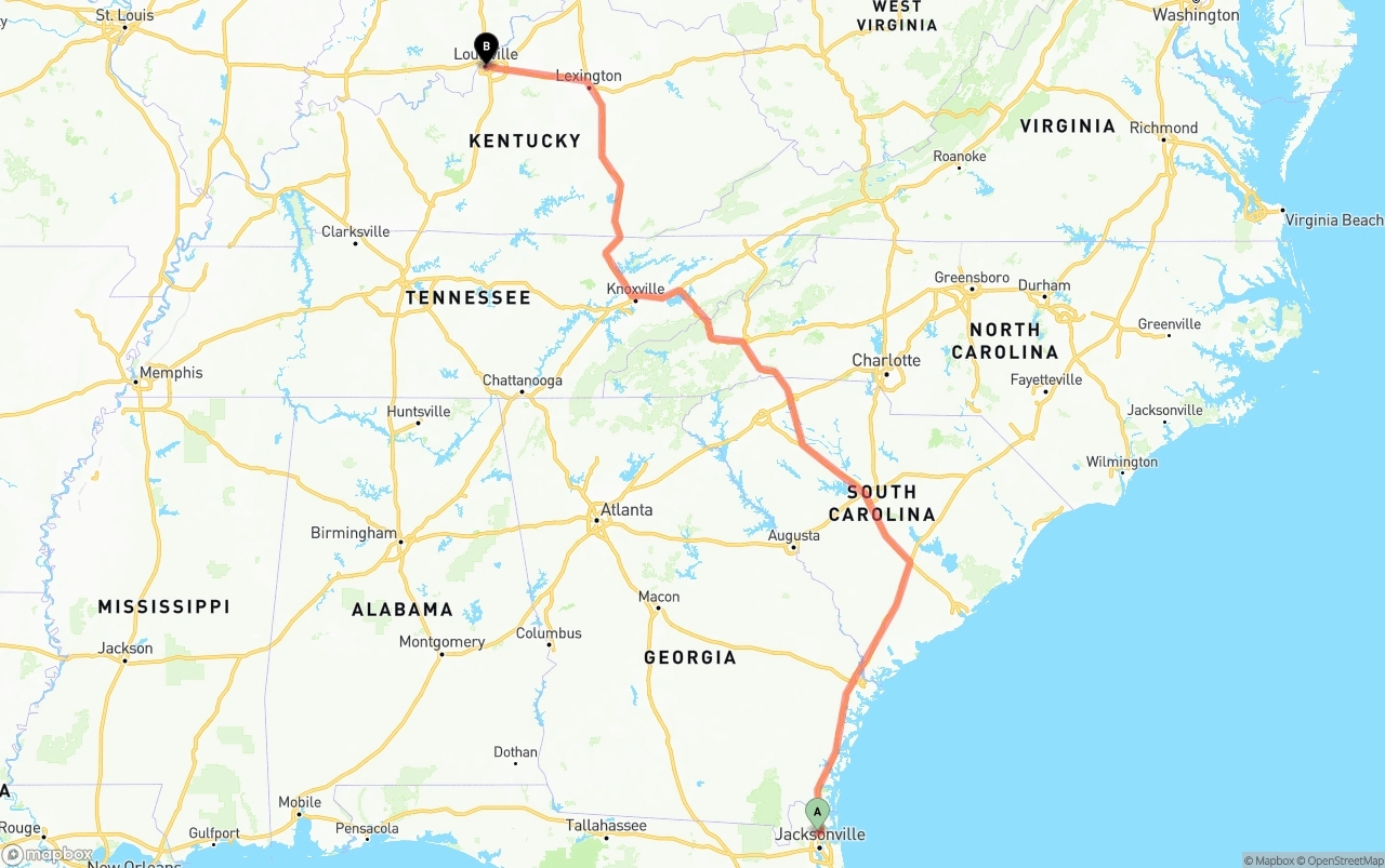 Shipping route from Jacksonville International Airport to Louisville