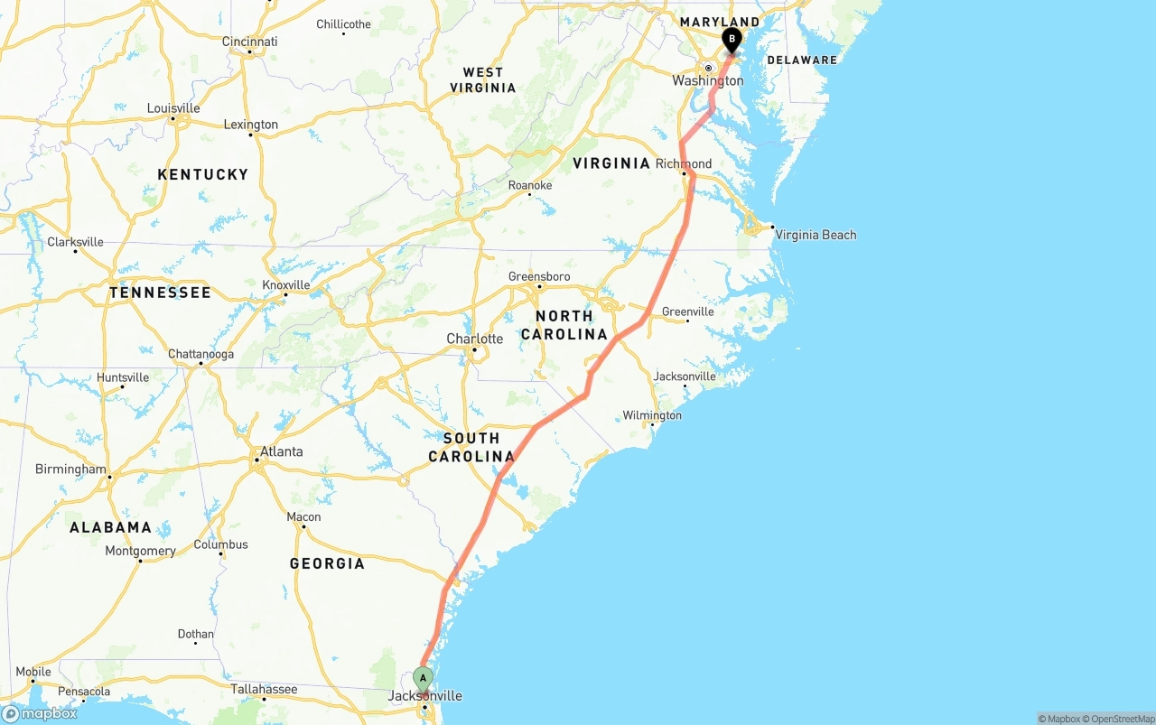 Shipping route from Jacksonville International Airport to Maryland