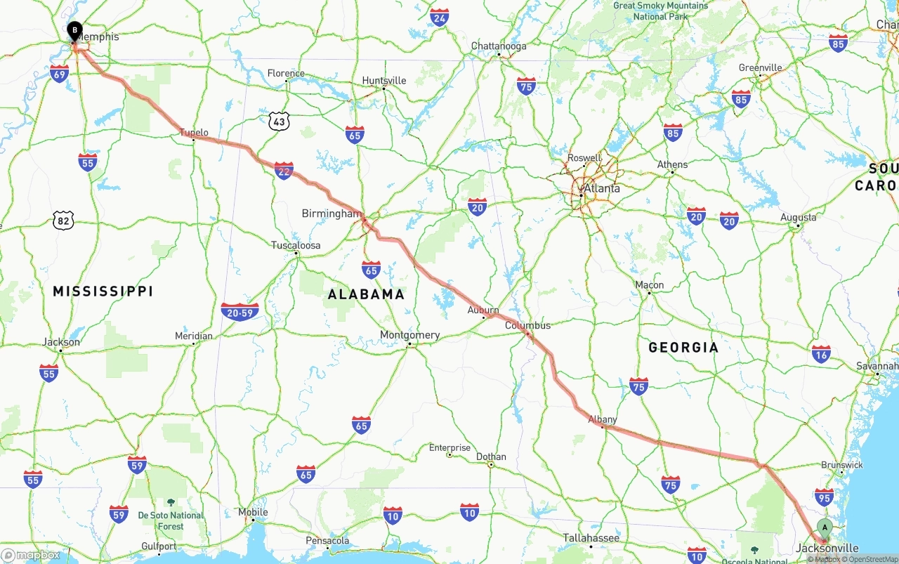 Shipping route from Jacksonville International Airport to Memphis