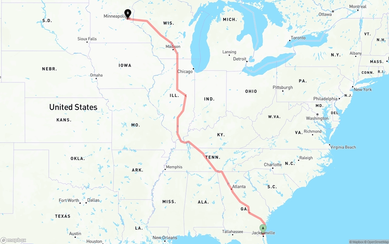 Shipping route from Jacksonville International Airport to Minneapolis