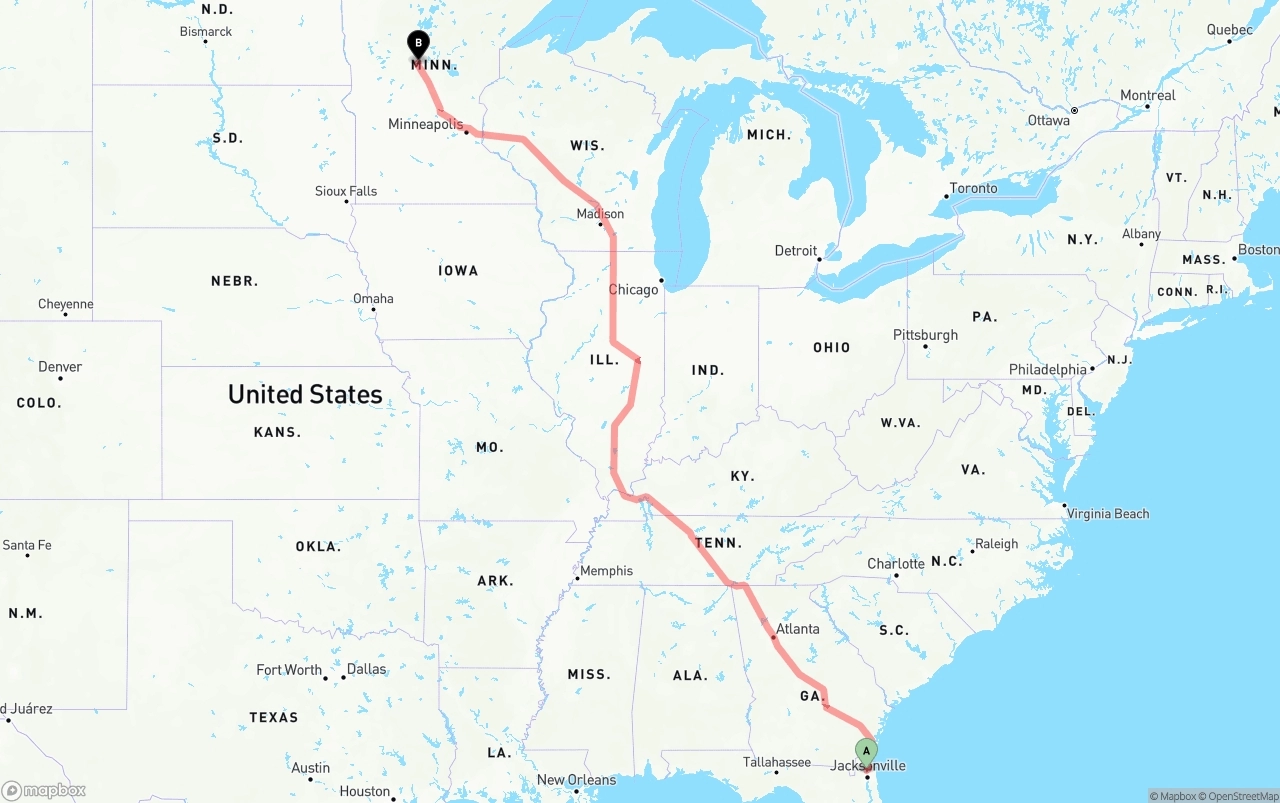 Shipping route from Jacksonville International Airport to Minnesota