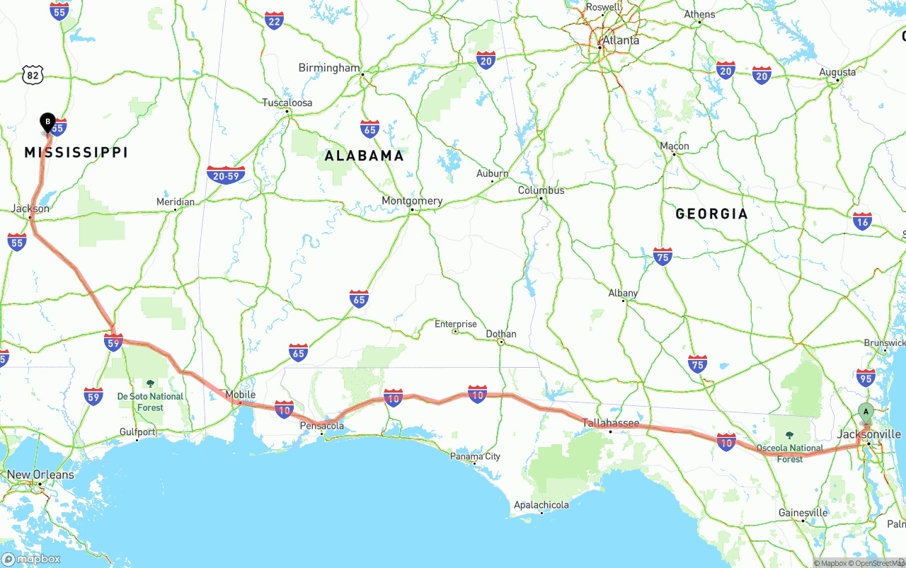 Shipping route from Jacksonville International Airport to Mississippi