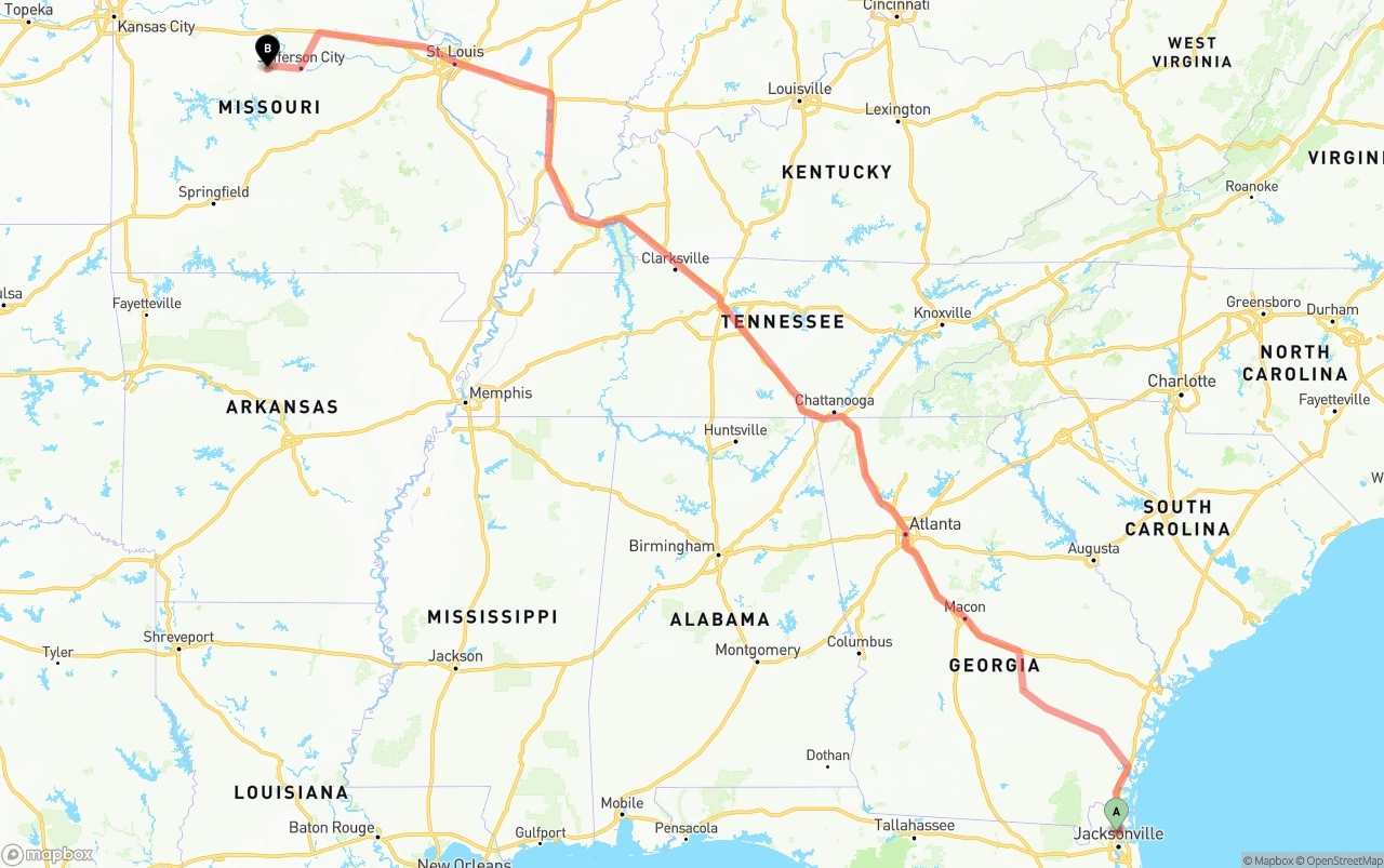 Shipping route from Jacksonville International Airport to Missouri
