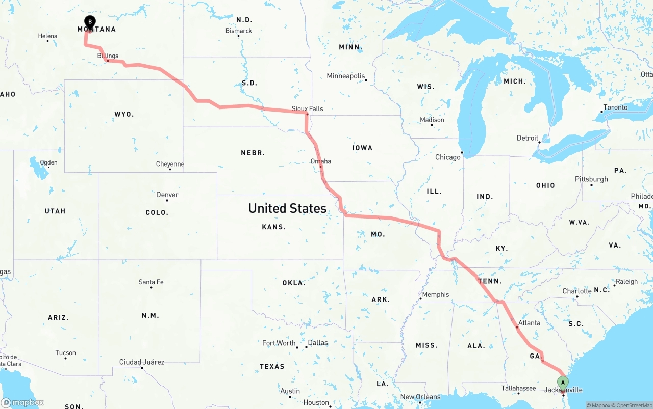 Shipping route from Jacksonville International Airport to Montana