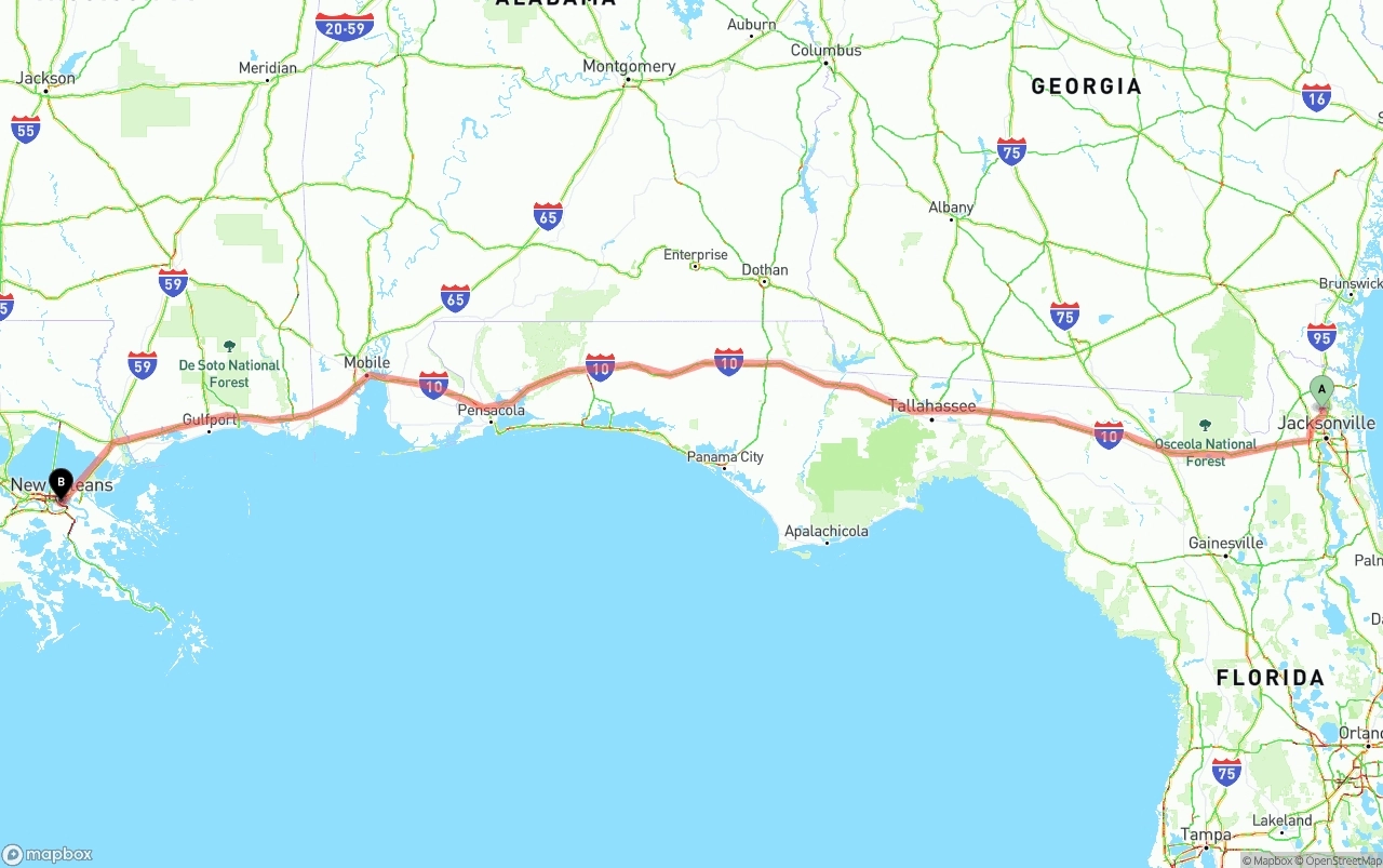 Shipping route from Jacksonville International Airport to New Orleans