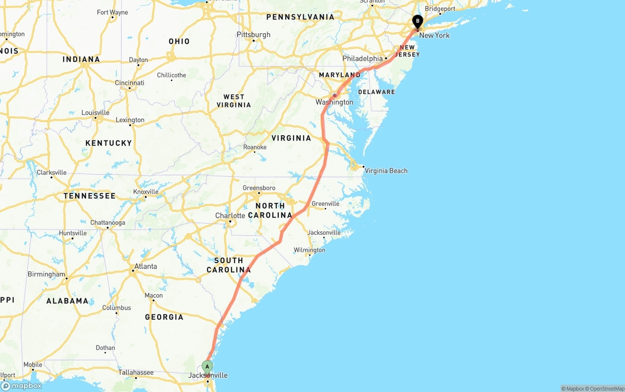Shipping route from Jacksonville International Airport to New York City