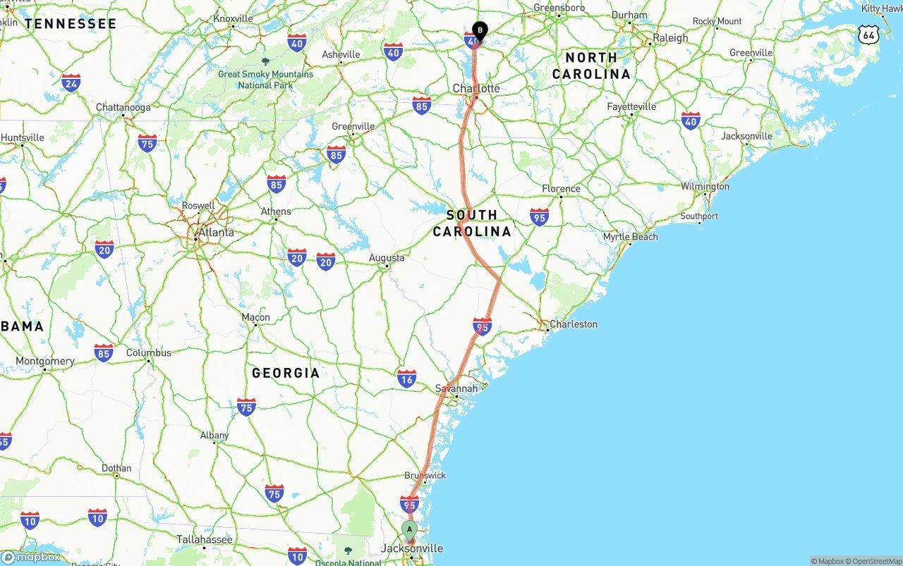 Shipping route from Jacksonville International Airport to North Carolina