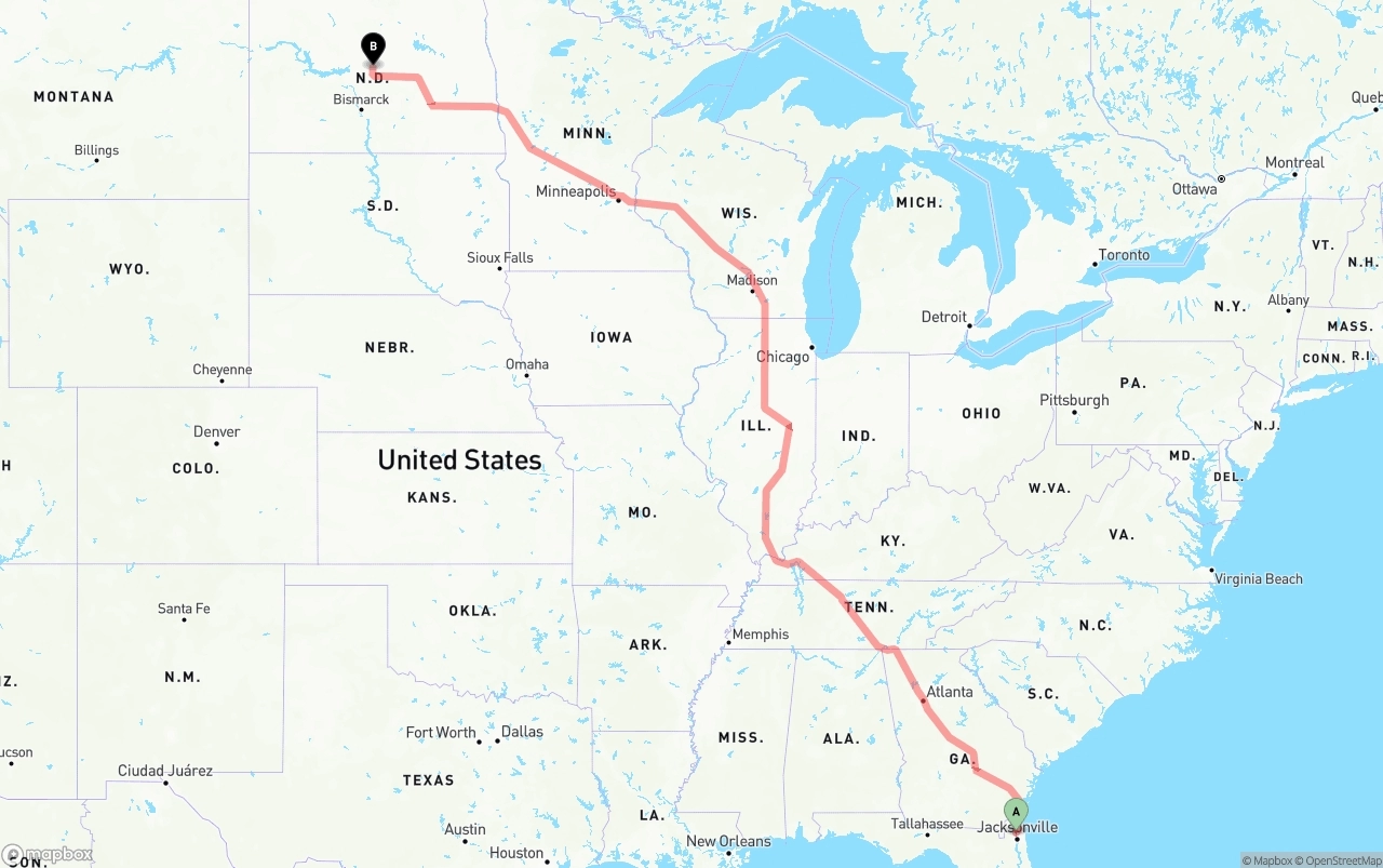 Shipping route from Jacksonville International Airport to North Dakota