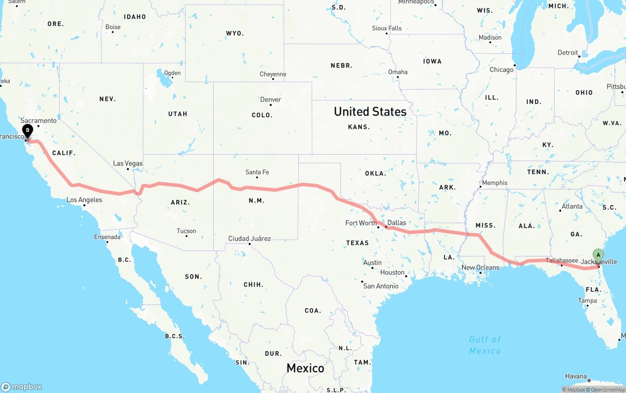 Shipping route from Jacksonville International Airport to Oakland