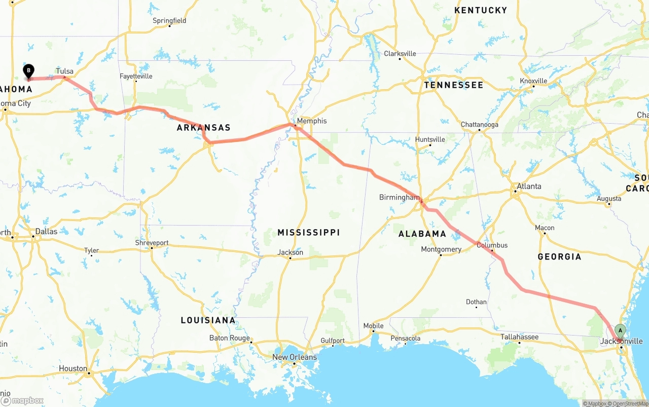 Shipping route from Jacksonville International Airport to Oklahoma