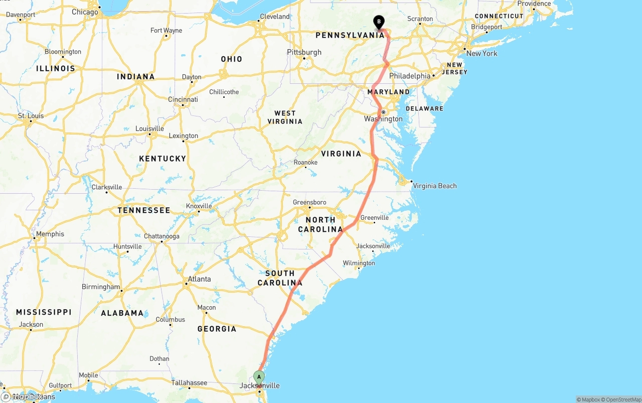 Shipping route from Jacksonville International Airport to Pennsylvania