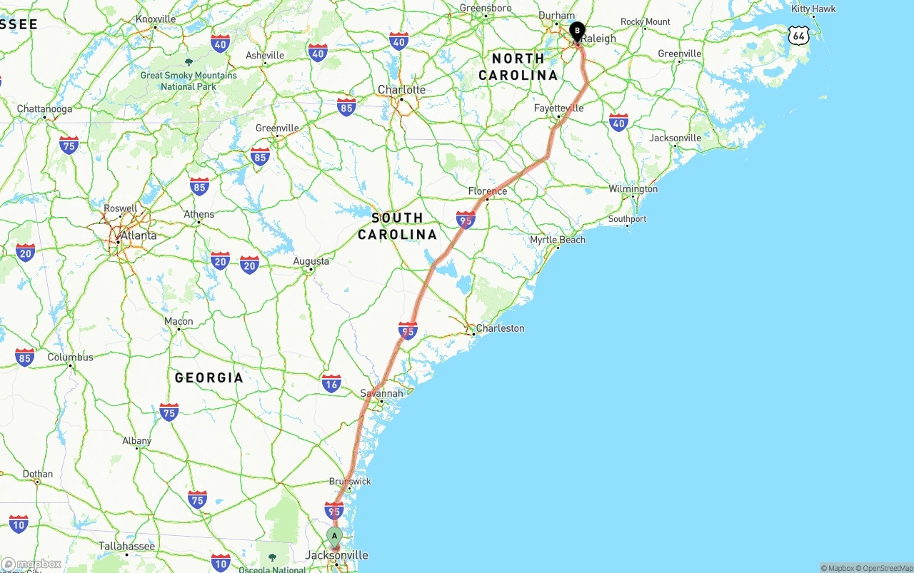 Shipping route from Jacksonville International Airport to Raleigh