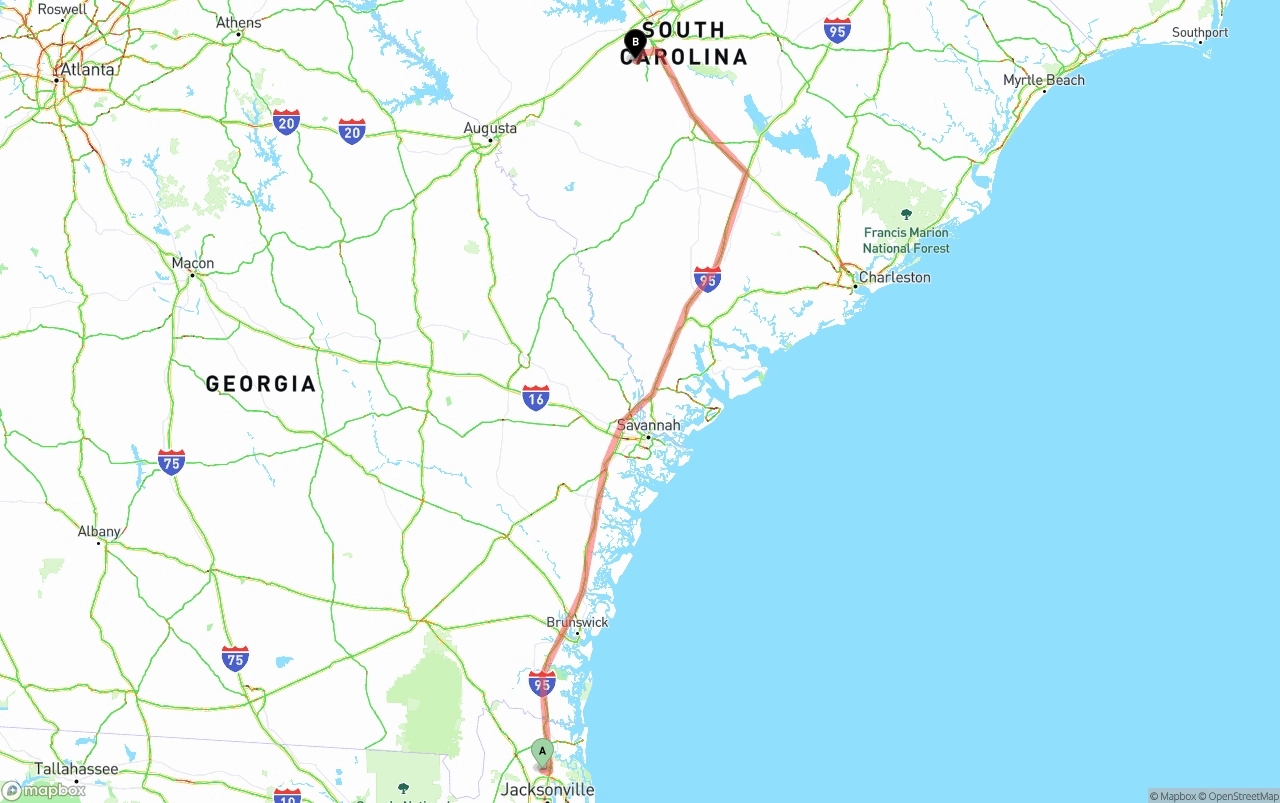 Shipping route from Jacksonville International Airport to South Carolina
