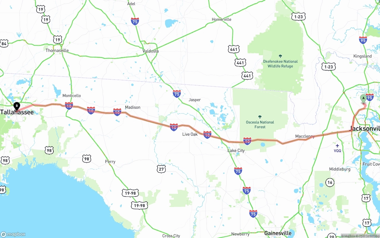 Shipping route from Jacksonville International Airport to Tallahassee