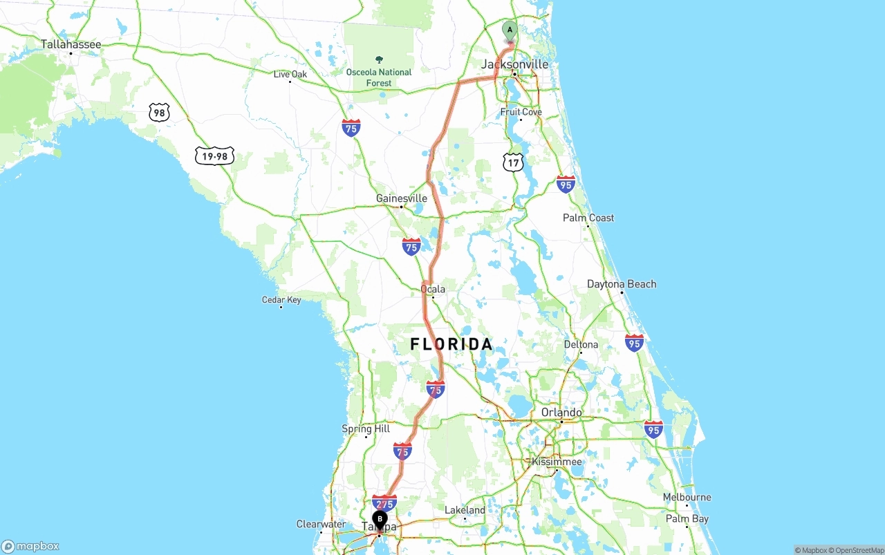 Shipping route from Jacksonville International Airport to Tampa