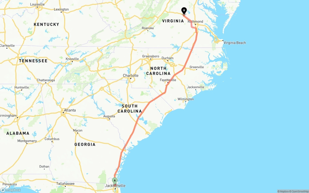 Shipping route from Jacksonville International Airport to Virginia