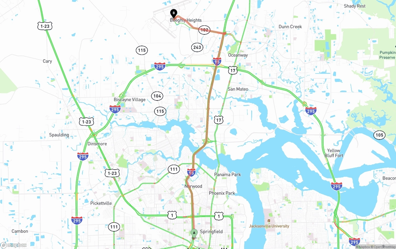 Shipping route from Jacksonville to Jacksonville International Airport