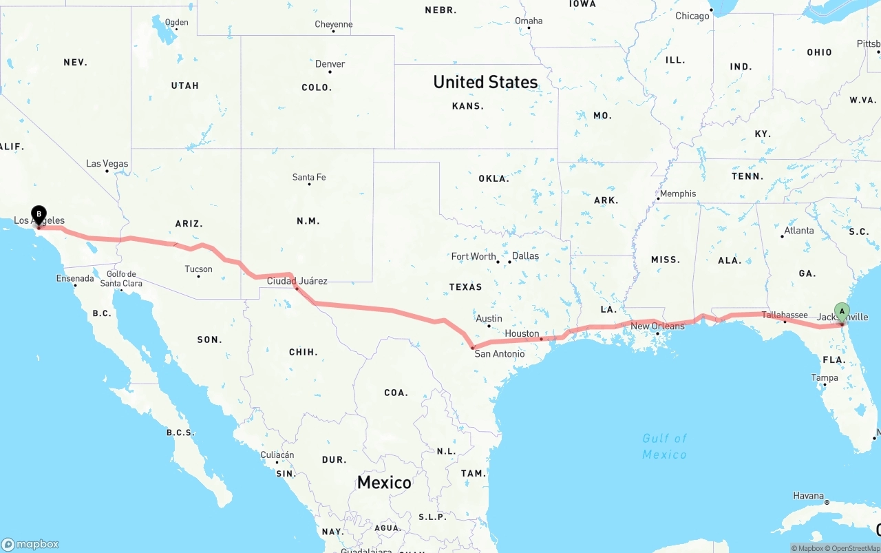 Shipping route from Jacksonville to Los Angeles