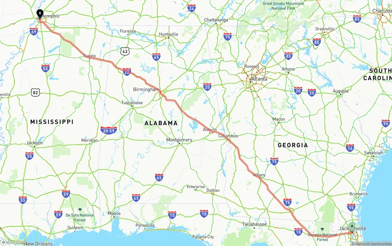 Shipping route from Jacksonville to Memphis
