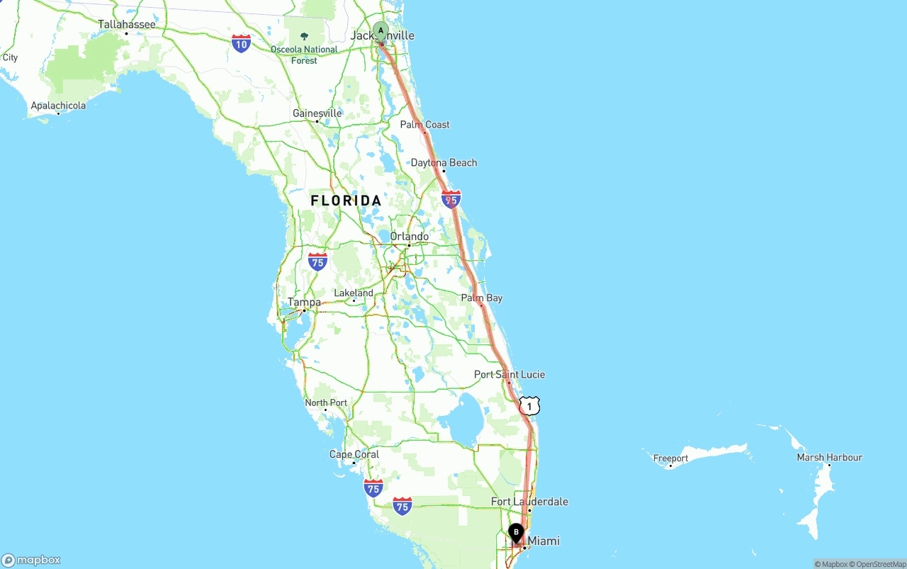 Shipping route from Jacksonville to Miami International Airport
