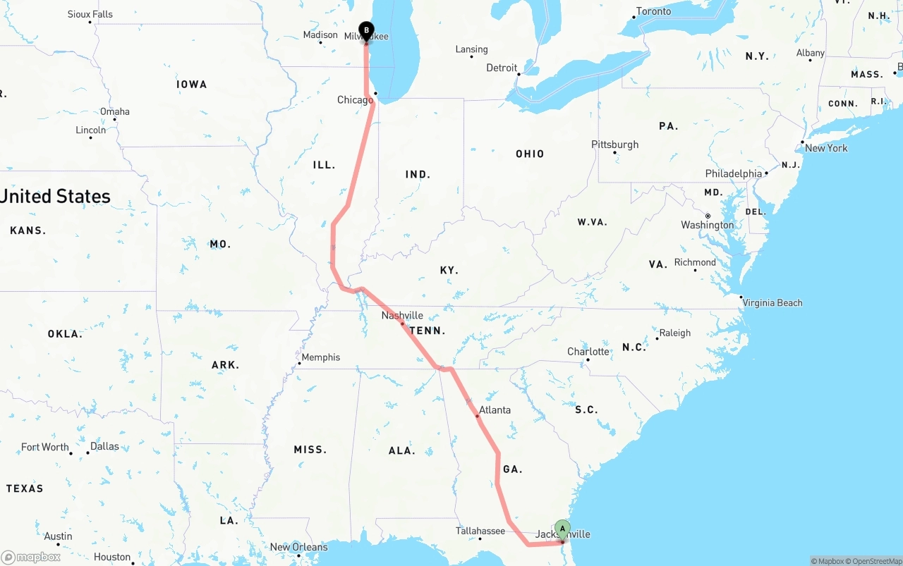 Shipping route from Jacksonville to Milwaukee