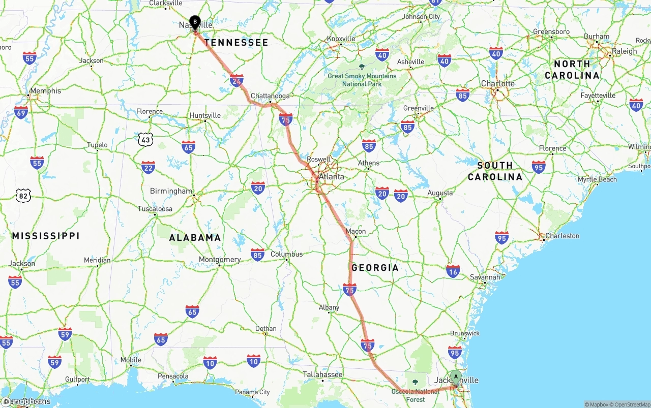 Shipping route from Jacksonville to Nashville