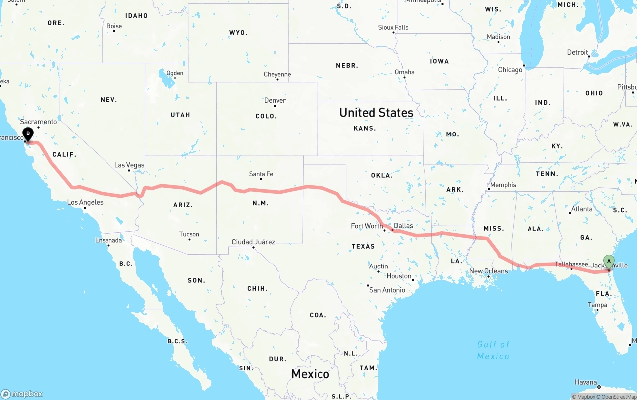 Shipping route from Jacksonville to Oakland International Airport