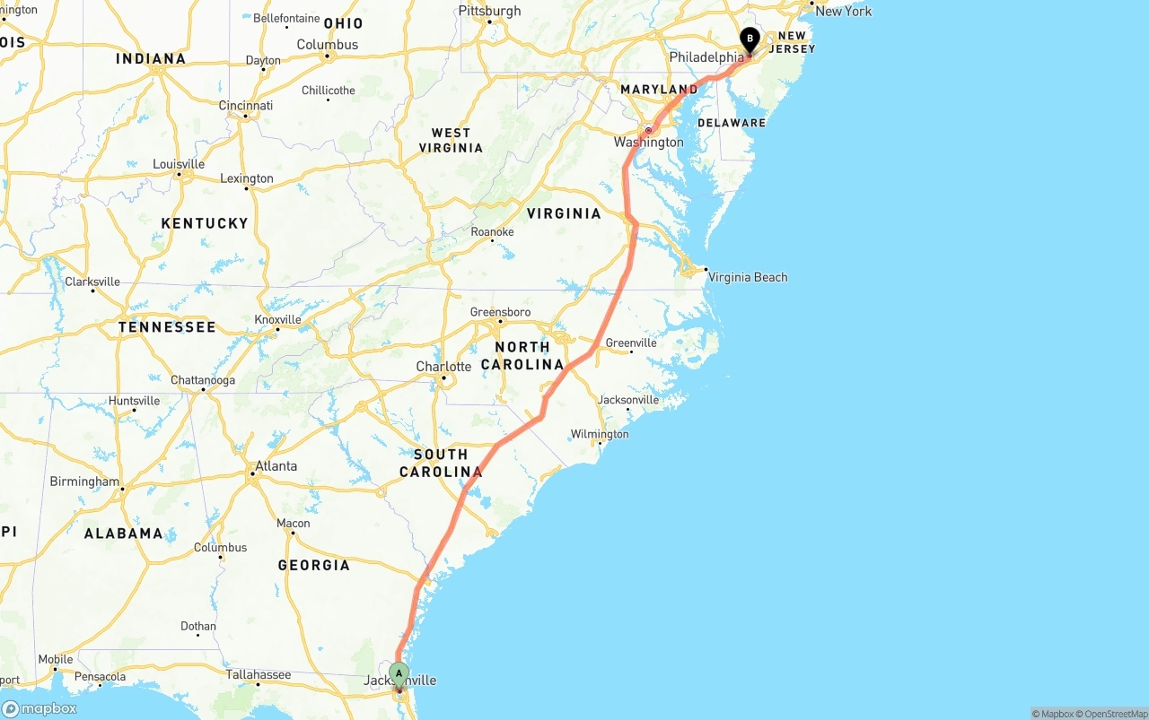 Shipping route from Jacksonville to Philadelphia