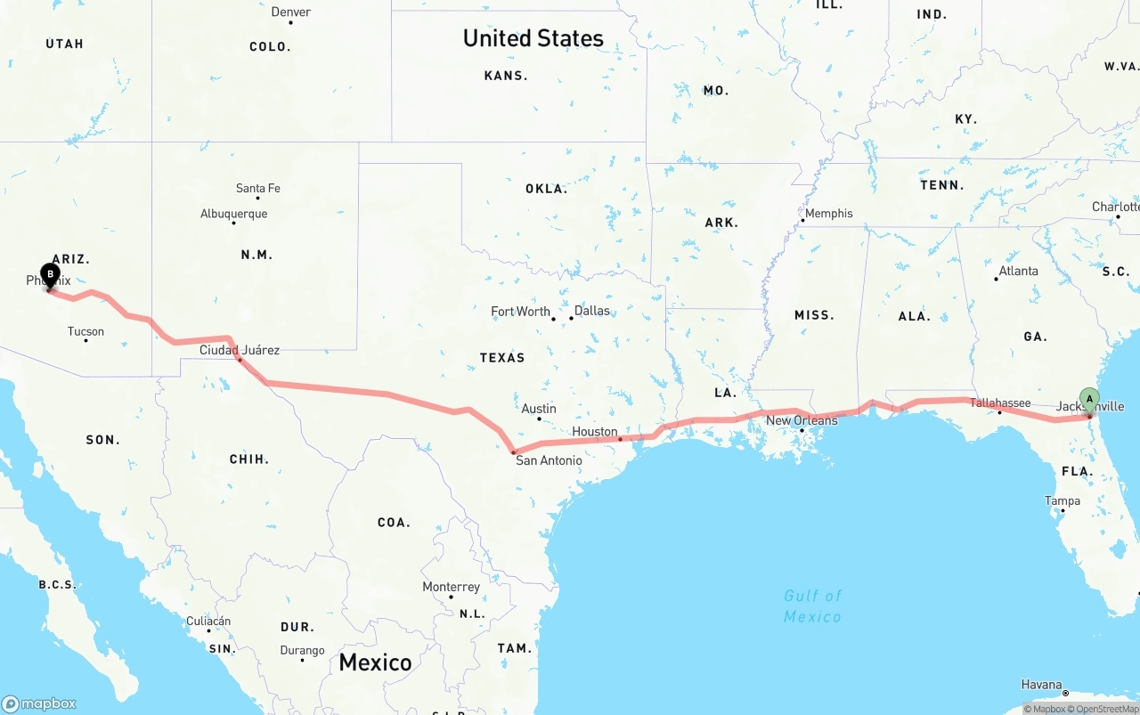 Shipping route from Jacksonville to Phoenix Sky Harbor International Airport