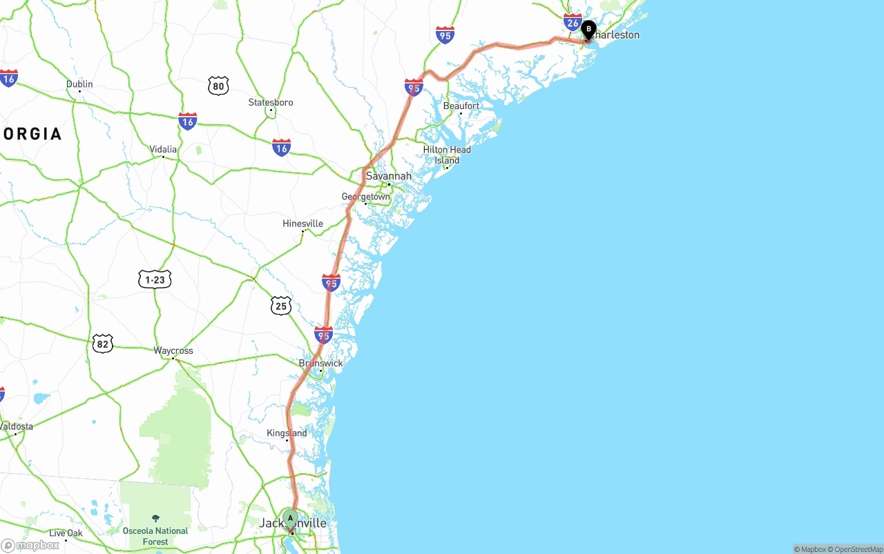 Shipping route from Jacksonville to Port of Charleston