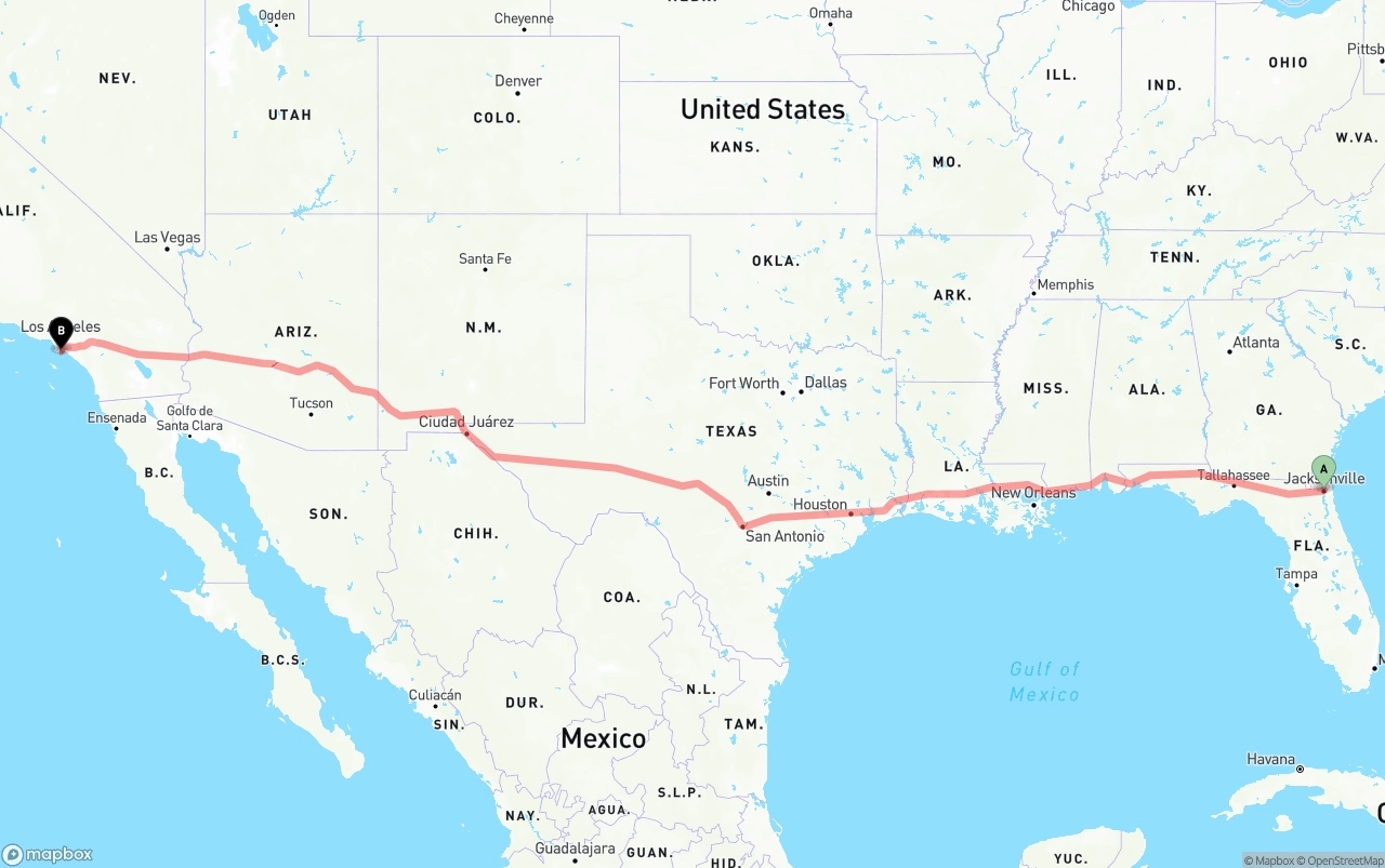 Shipping route from Jacksonville to Port of Long Beach