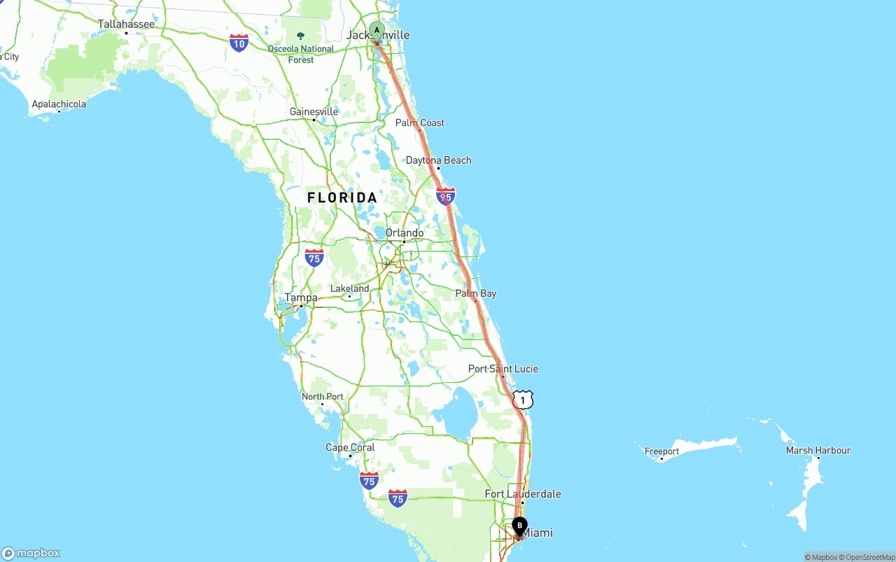 Shipping route from Jacksonville to Port of Miami