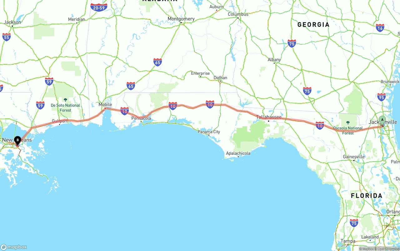 Shipping route from Jacksonville to Port of New Orleans