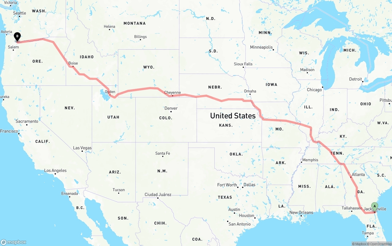 Shipping route from Jacksonville to Port of Portland