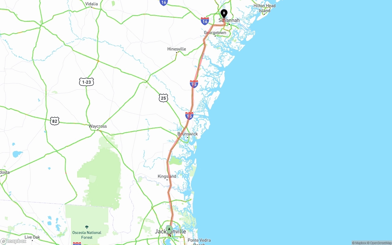 Shipping route from Jacksonville to Port of Savannah
