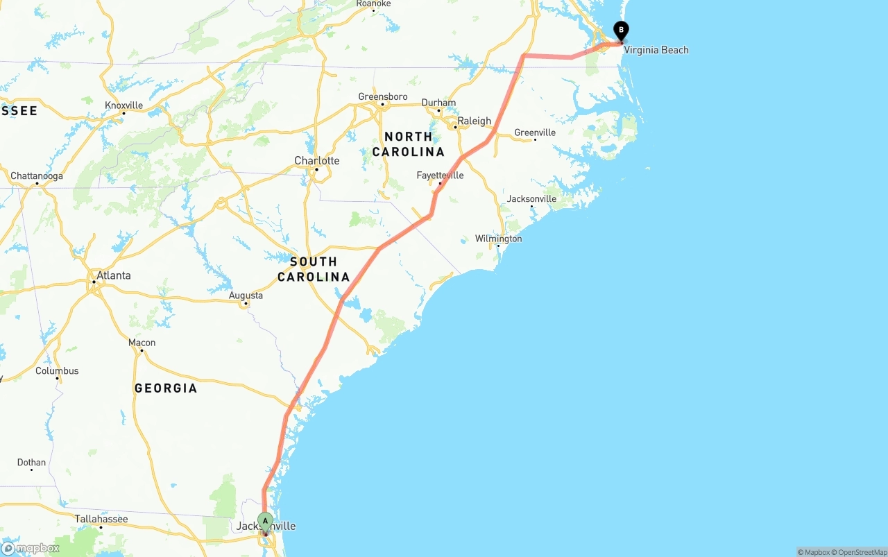 Shipping route from Jacksonville to Virginia Beach