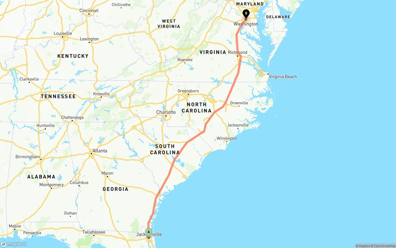 Shipping route from Jacksonville to Washington D.C.